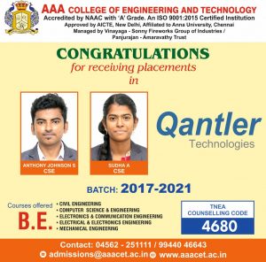 Congratulations For Getting Placement In Qantler Technologies Aaa Engineering College