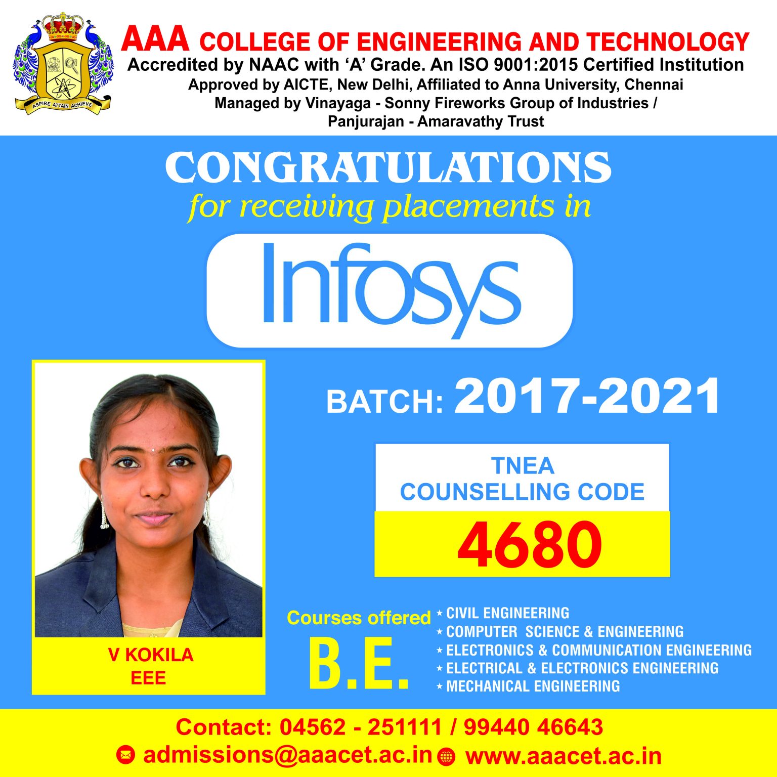 Congratulations for getting placement in Infosys – AAA College of ...
