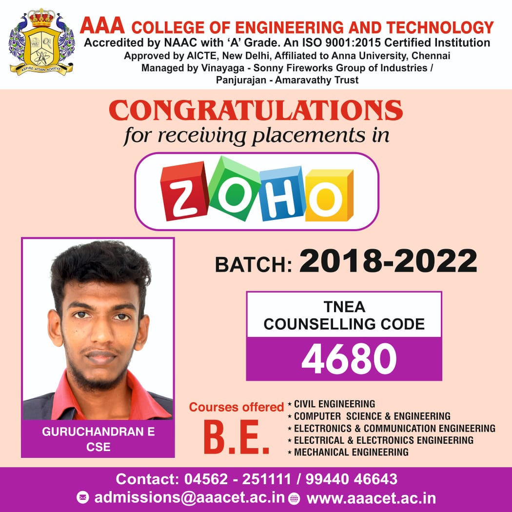 Congratulations For Getting Placement In Zoho Aaa Engineering College