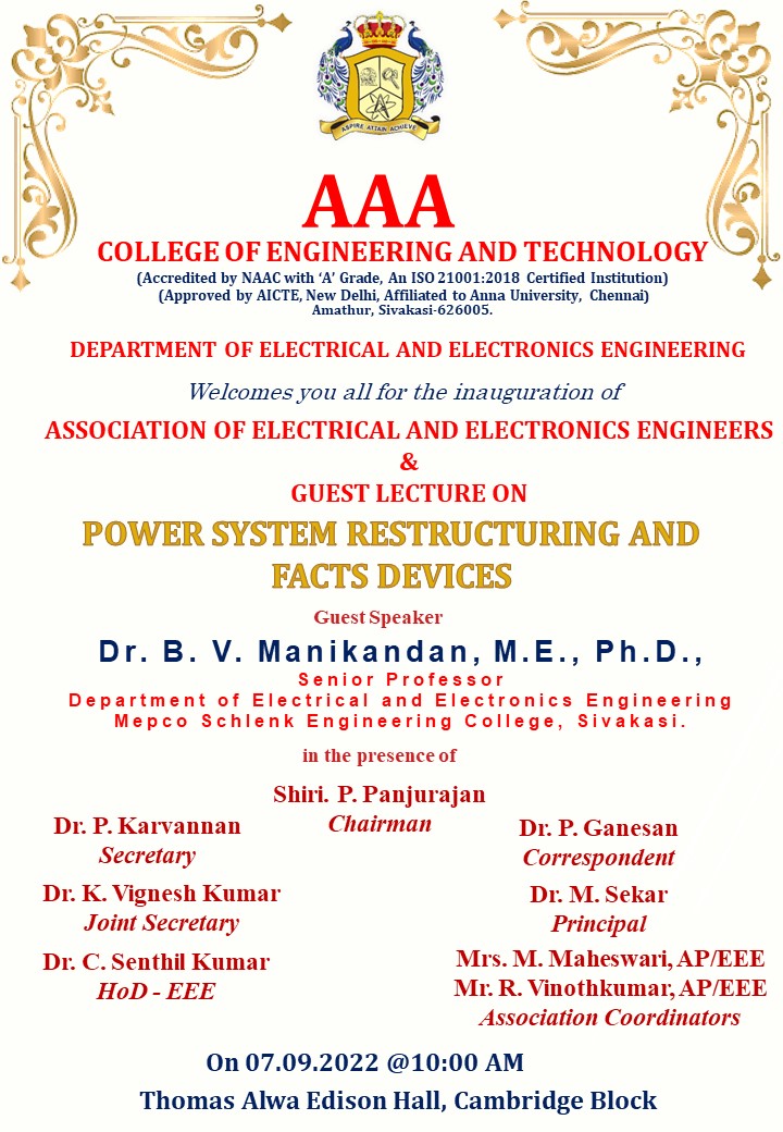 EEE Association Inauguration - 07/09/2022 - AAA ENGINEERING COLLEGE