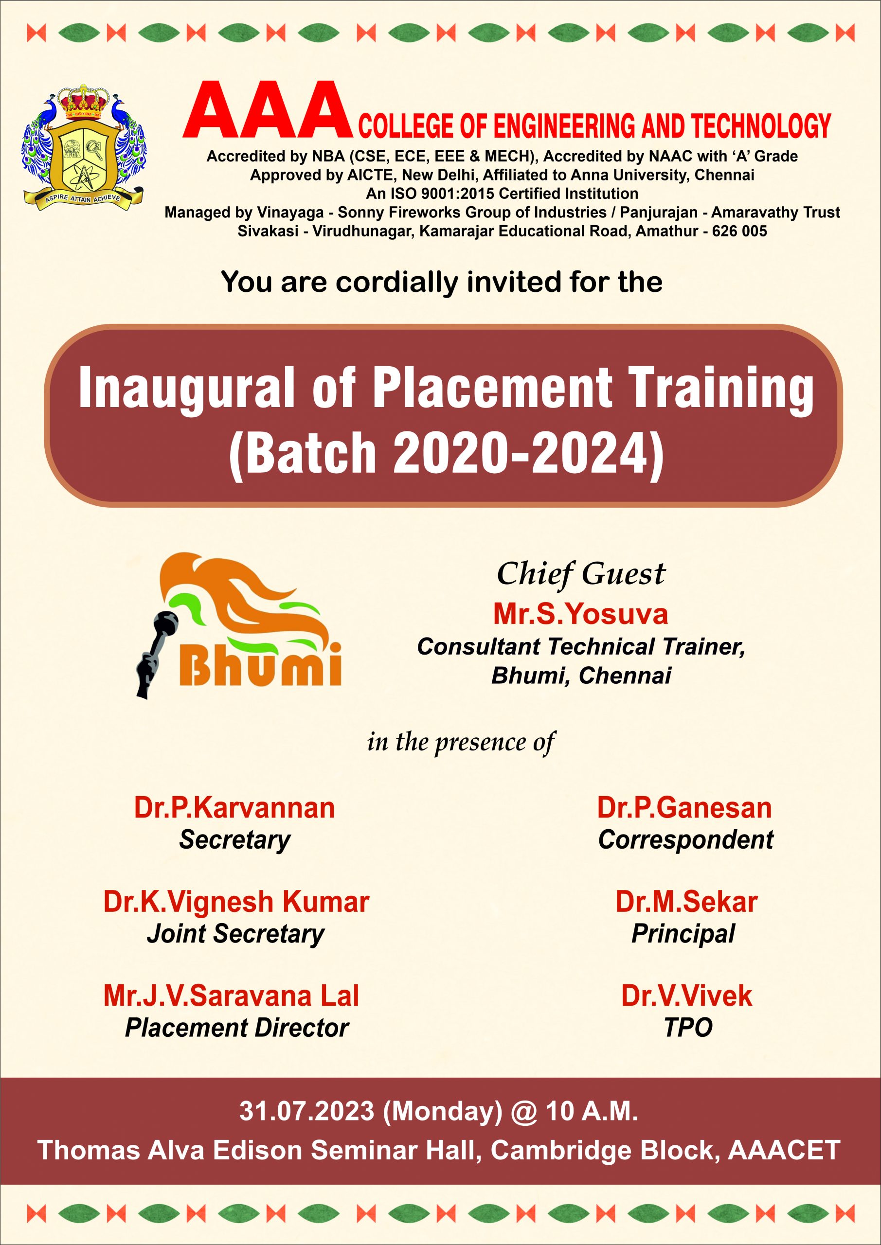 Inaugural Of Placement Training On AAA ENGINEERING COLLEGE