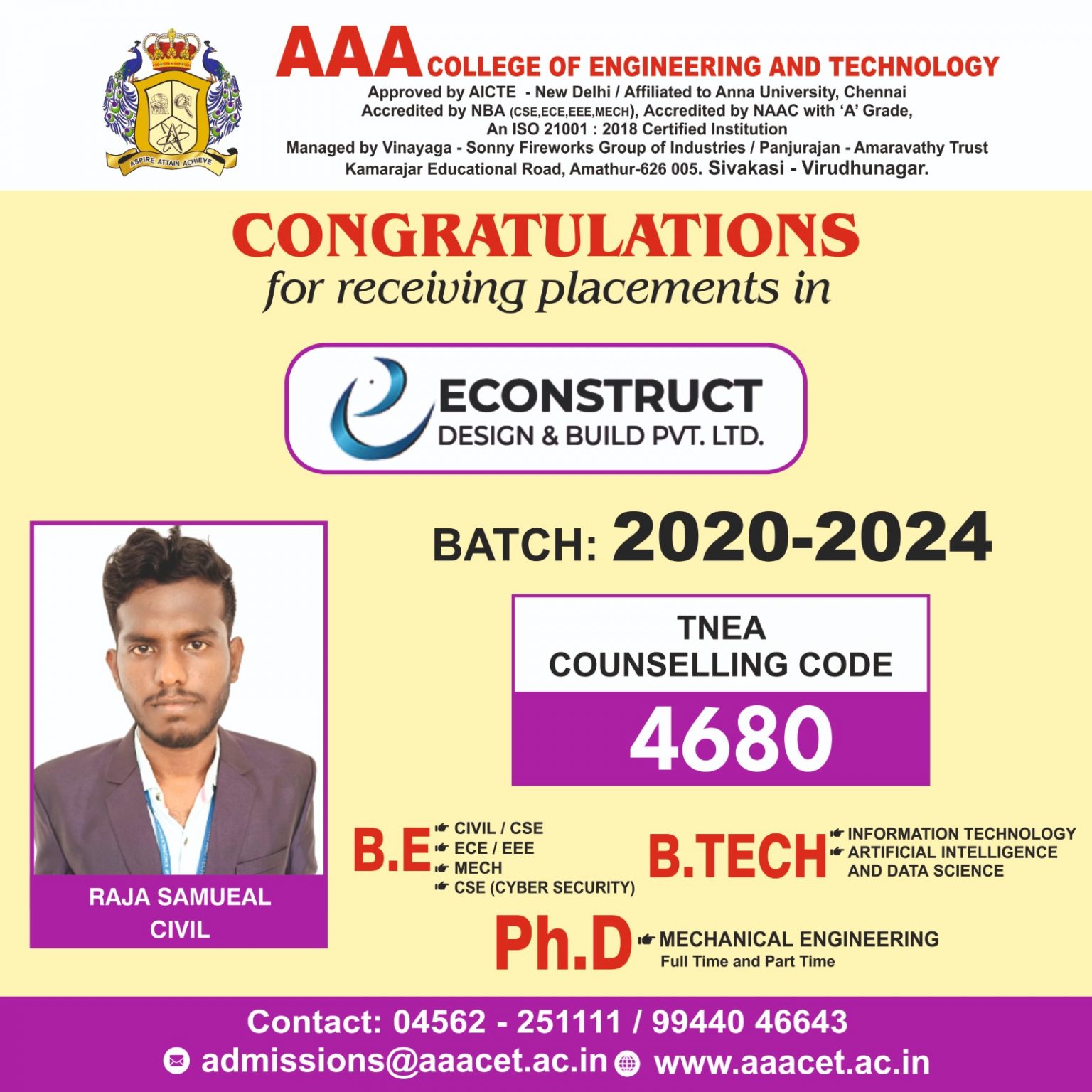 Congratulations for receiving Placements in Econstruct – AAA College of ...