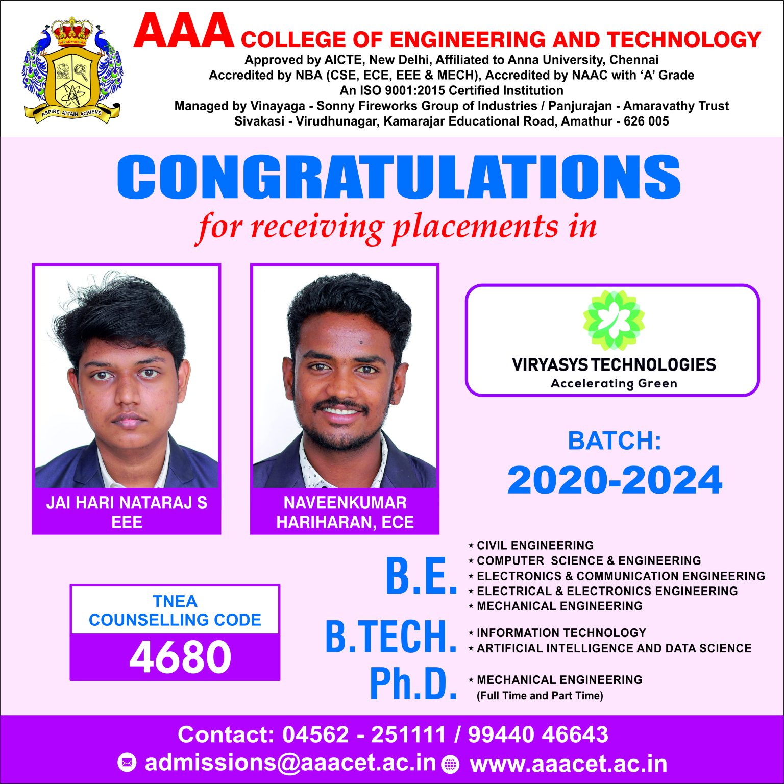 Congratulations for Receiving Placements in ViryaSys Technologies ...