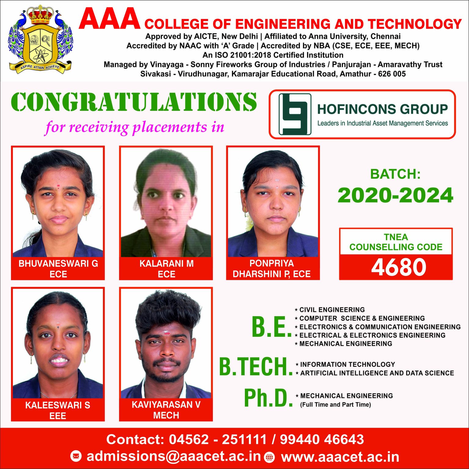 Congratulations for Receiving Placements in Honfincons International ...