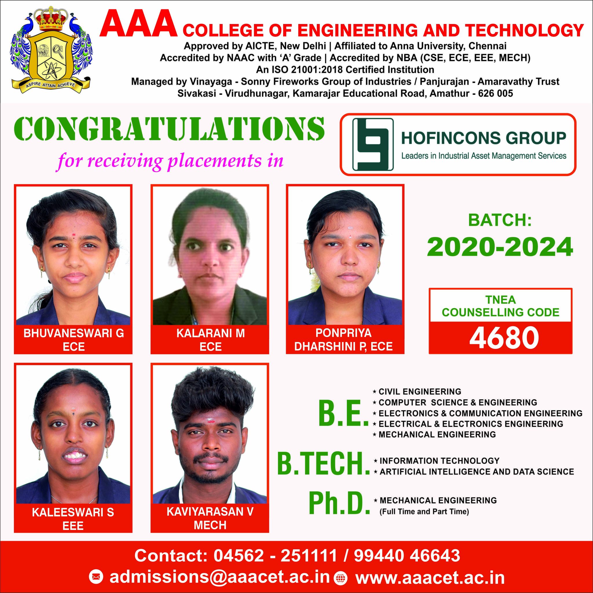 Congratulations For Receiving Placements In Honfincons International AAA ENGINEERING COLLEGE