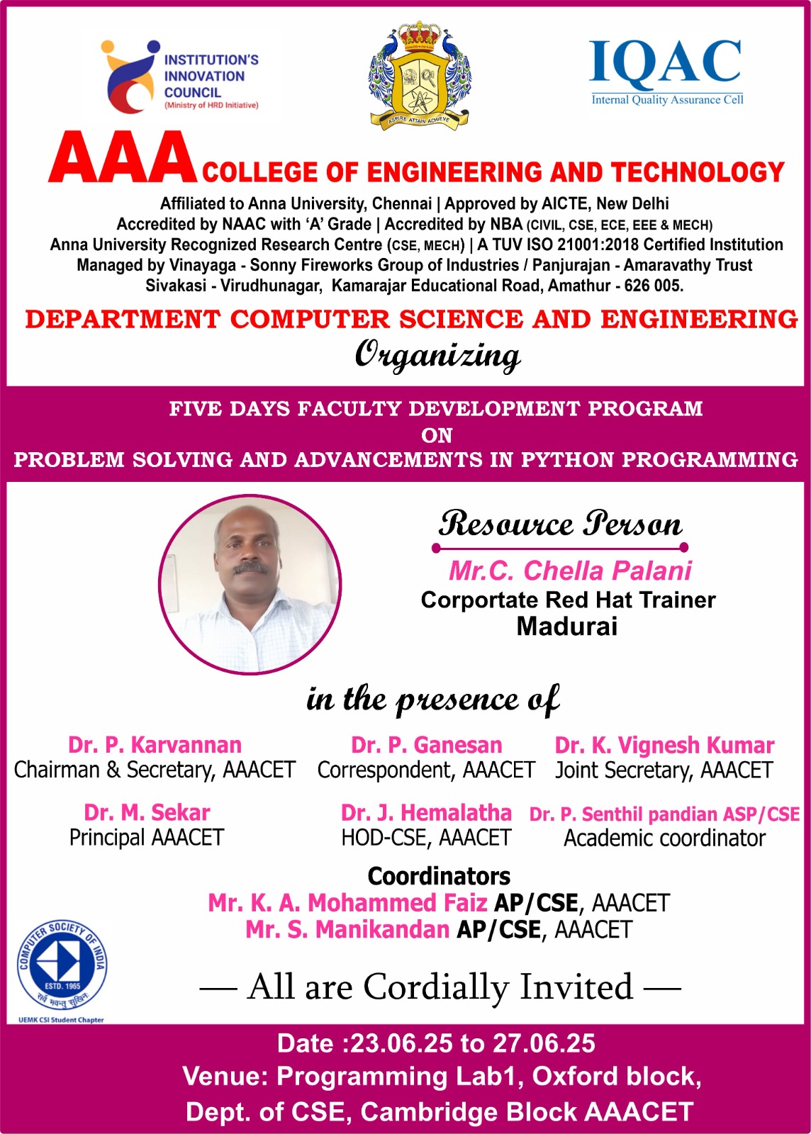 Five-Day Faculty Development Program (FDP) on “Problem Solving and ...
