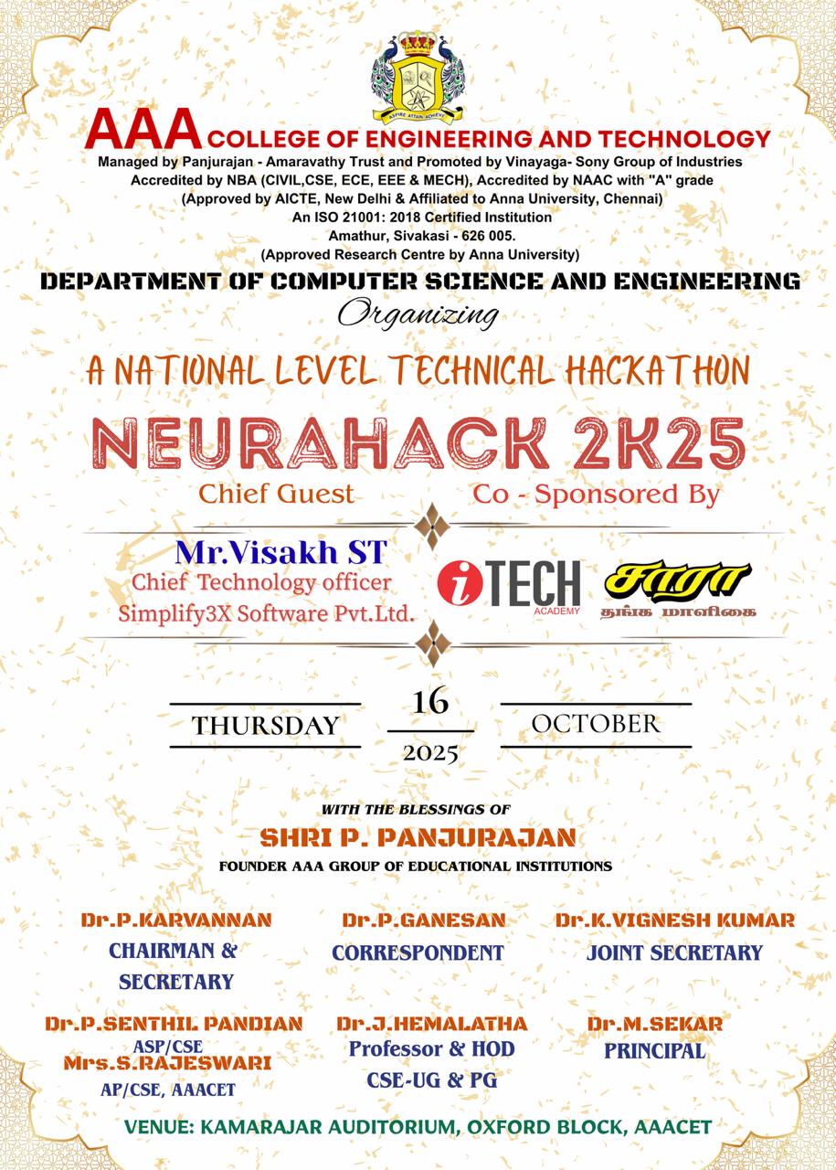 A NATIONAL LEVEL TECHNICAL HACKATHON NEURAHACK 2K25 on 16-10-2025 – AAA ...